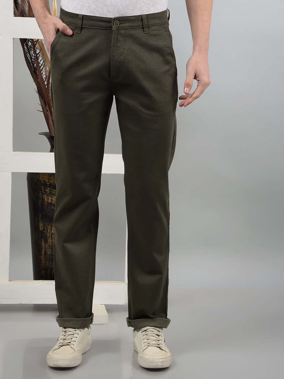 Olive Printed Straight Trousers-Men Trousers-Crimsoune Club