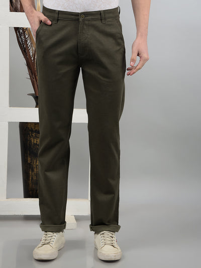 Olive Printed Straight Trousers-Men Trousers-Crimsoune Club