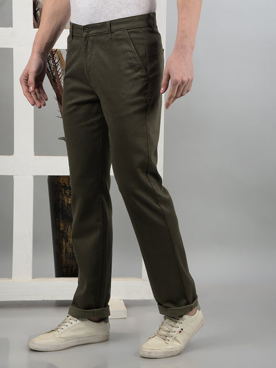 Olive Printed Straight Trousers-Men Trousers-Crimsoune Club