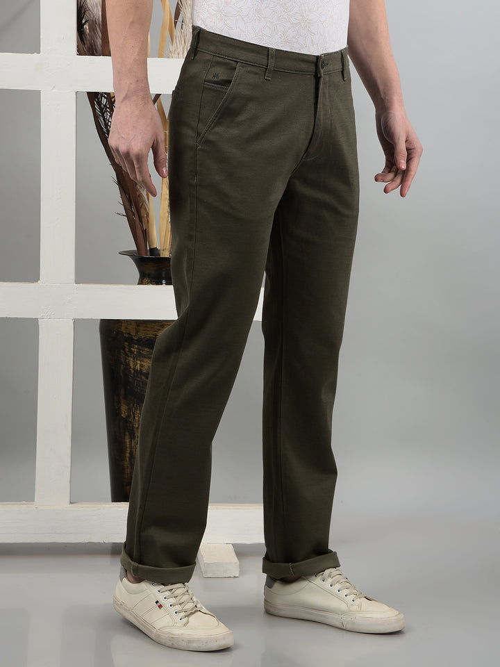 Olive Printed Straight Trousers-Men Trousers-Crimsoune Club