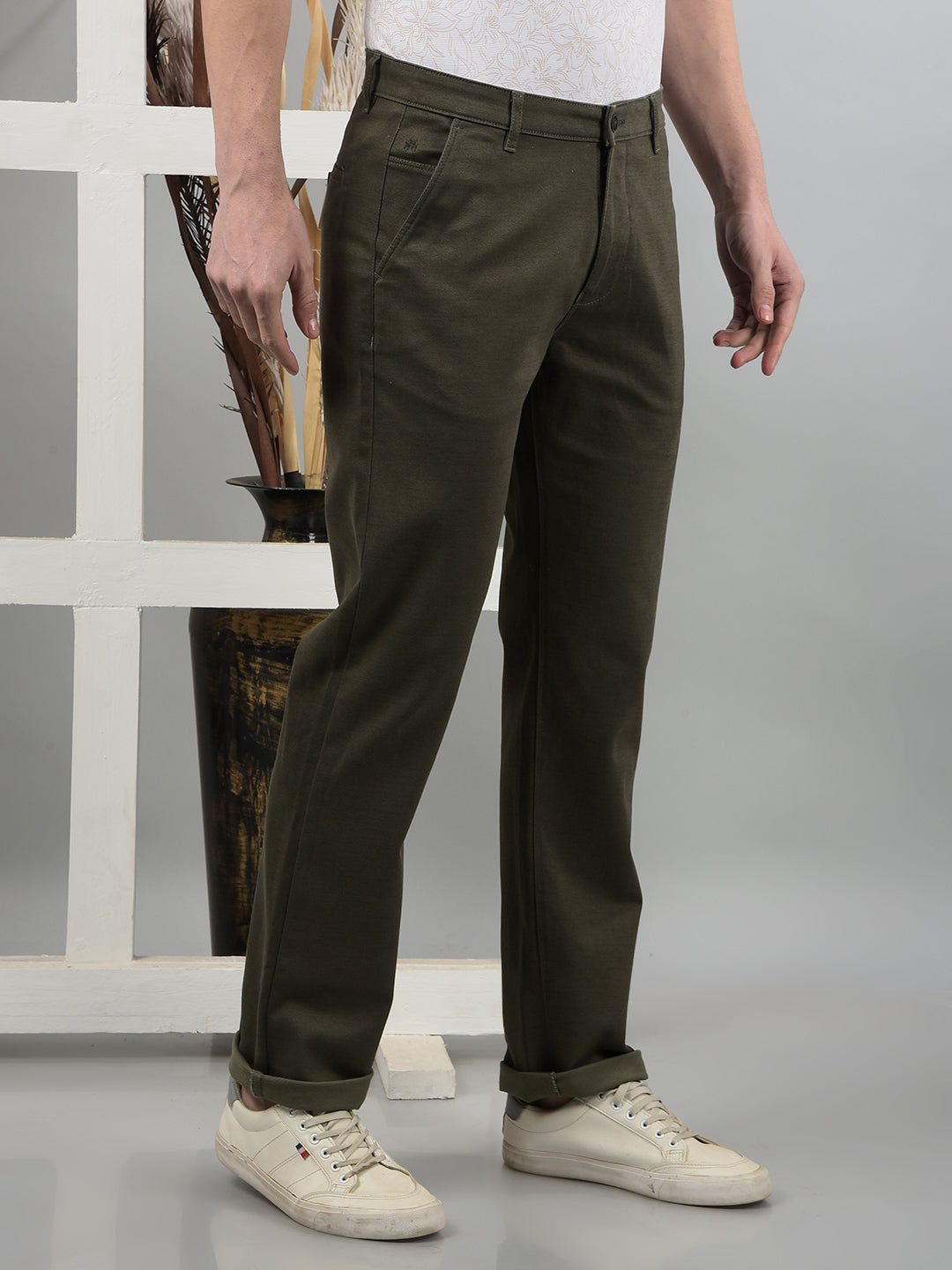 Olive Printed Straight Trousers-Men Trousers-Crimsoune Club