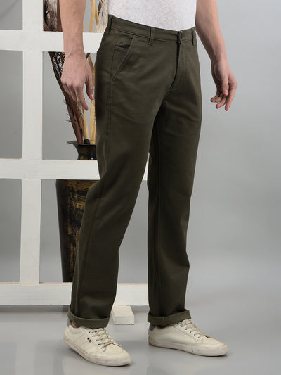 Olive Printed Straight Trousers-Men Trousers-Crimsoune Club