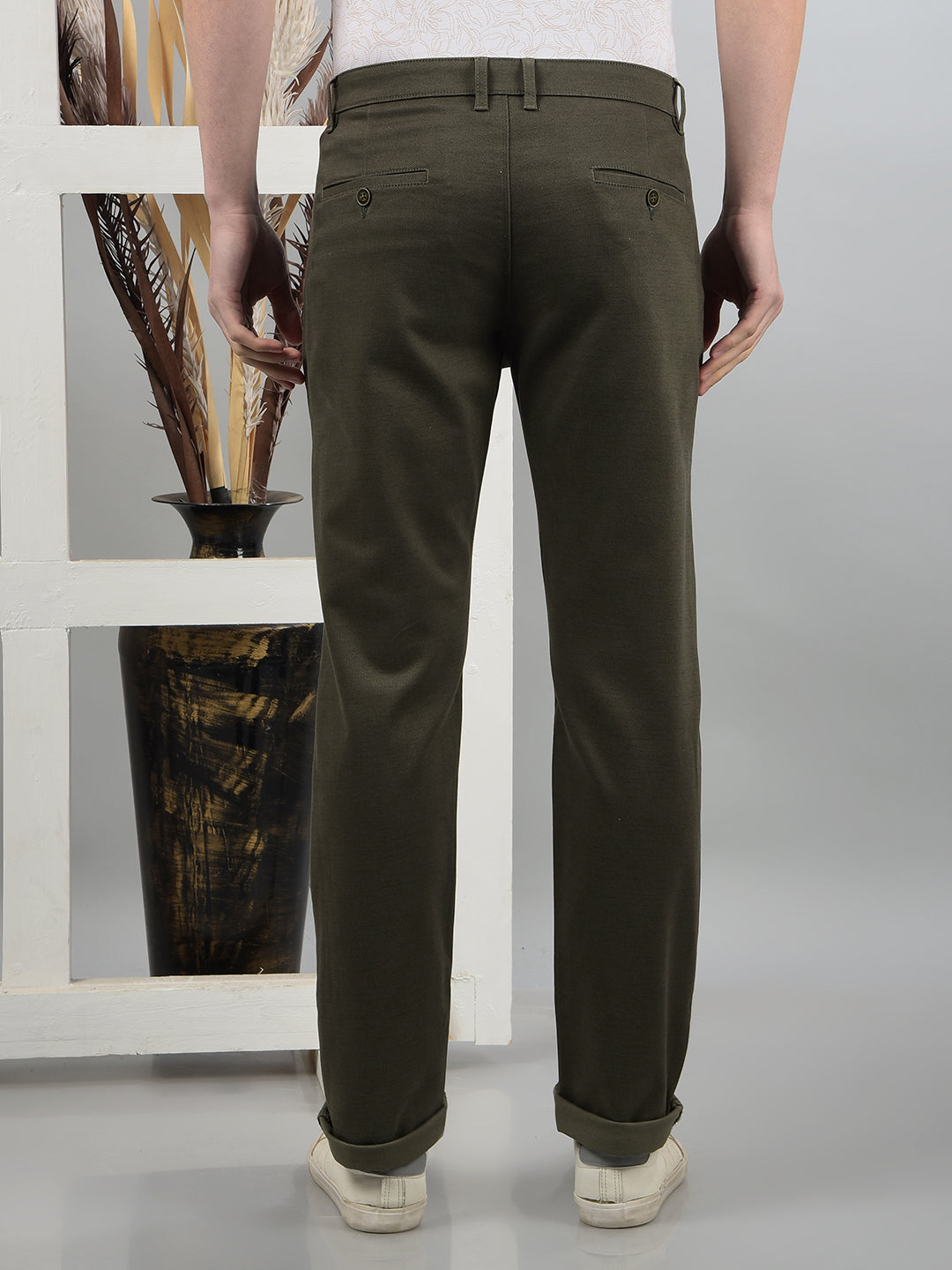 Olive Printed Straight Trousers-Men Trousers-Crimsoune Club