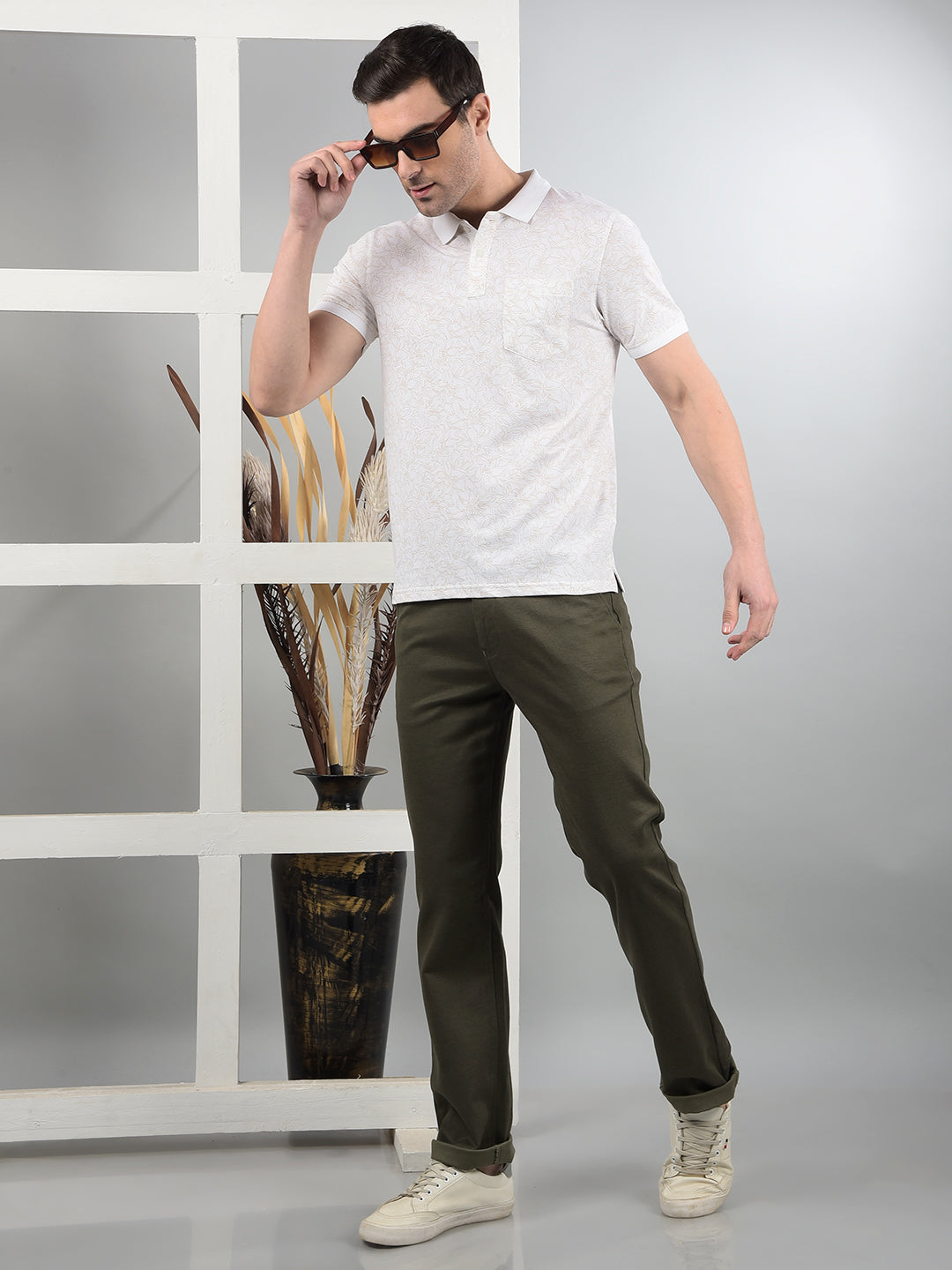 Olive Printed Straight Trousers-Men Trousers-Crimsoune Club