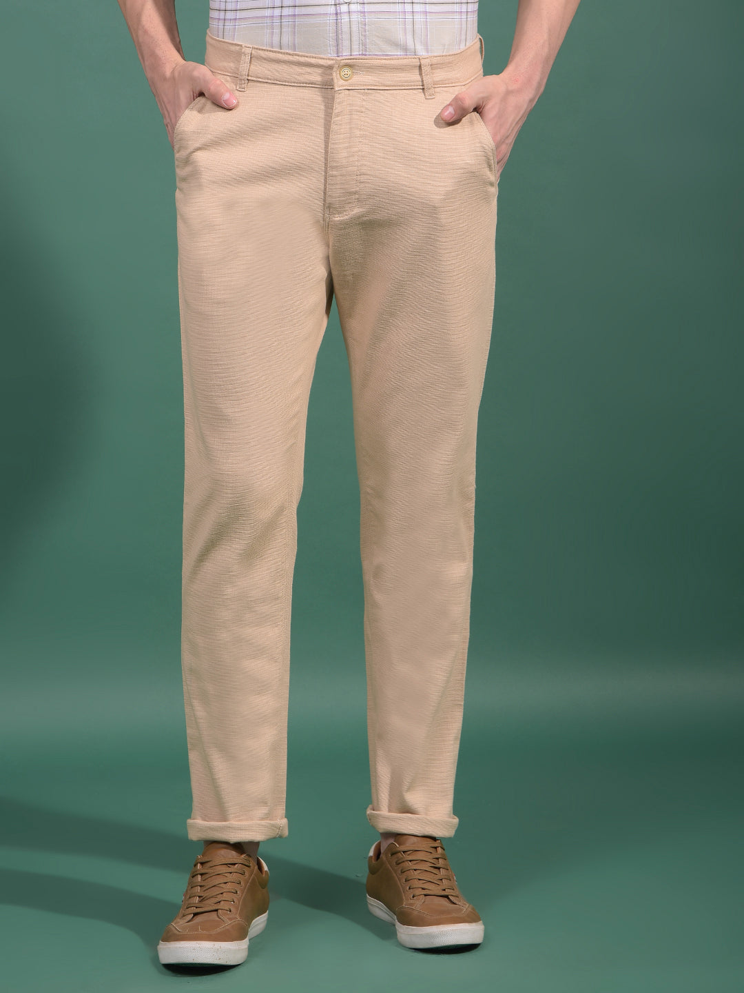 Beige Textured Trousers-Men Trousers-Crimsoune Club