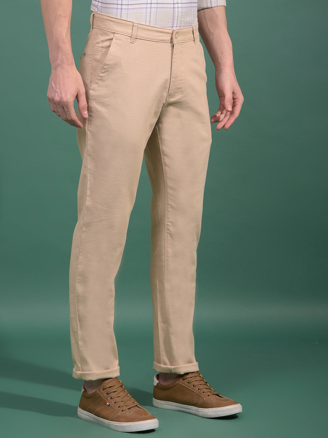 Beige Textured Trousers-Men Trousers-Crimsoune Club
