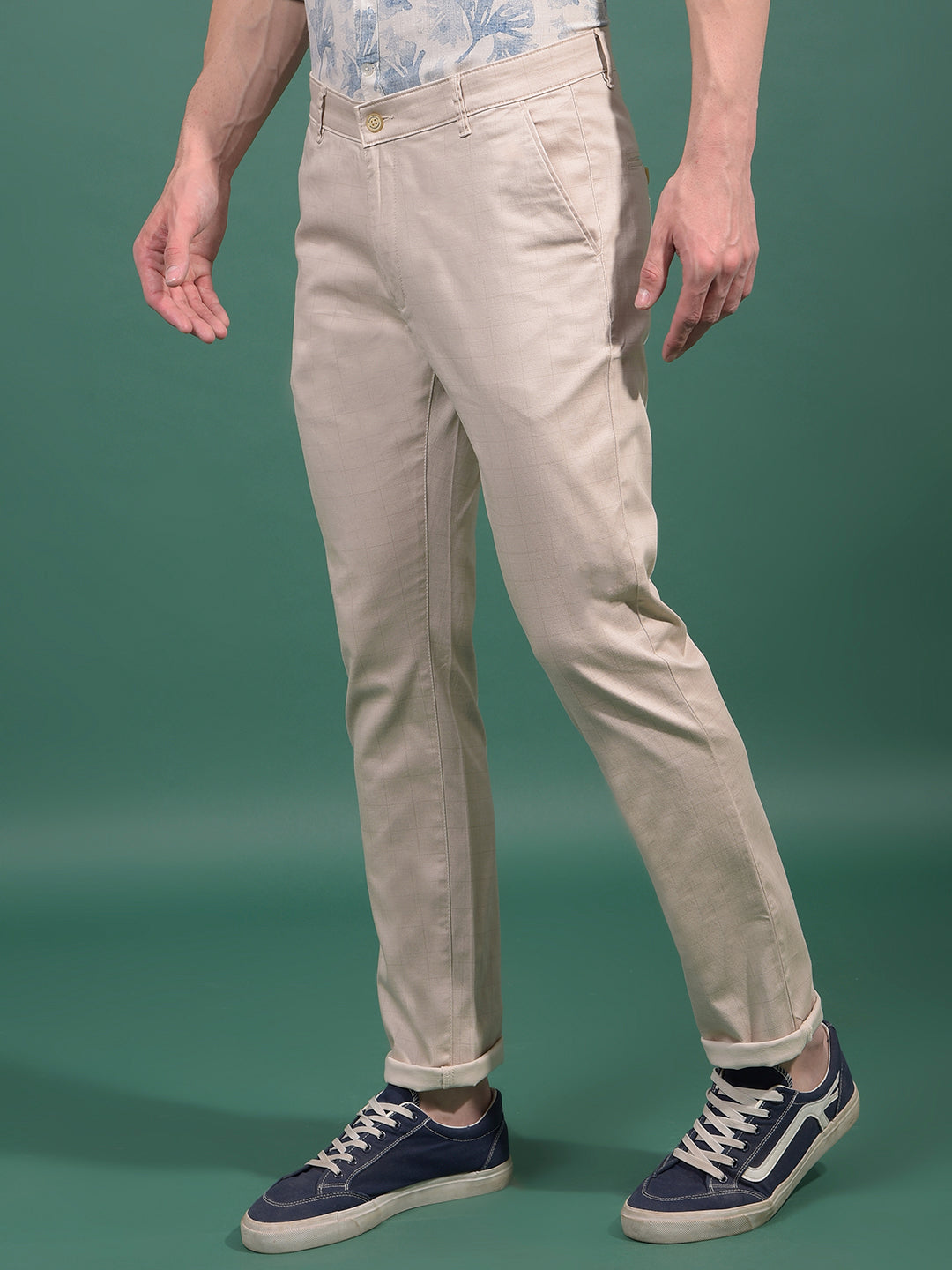 Beige Checked Trousers-Men Trousers-Crimsoune Club