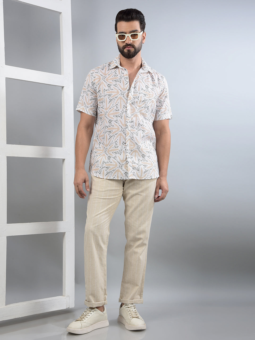 Cream Printed Trousers-Men Trousers-Crimsoune Club