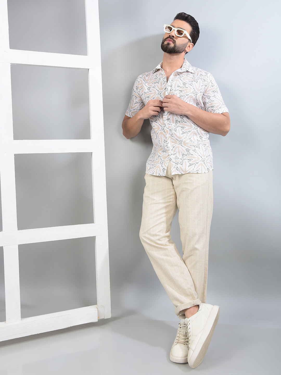 Cream Printed Trousers-Men Trousers-Crimsoune Club