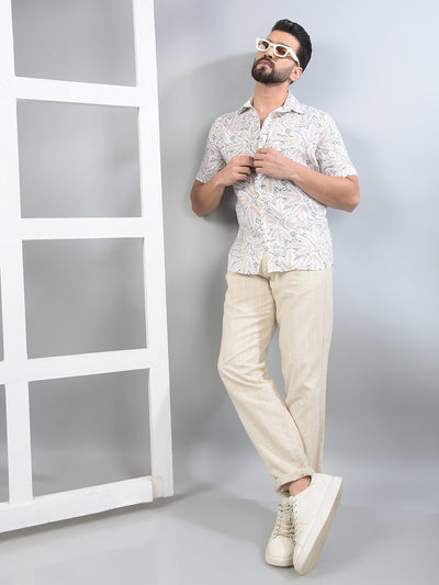 Cream Printed Trousers-Men Trousers-Crimsoune Club