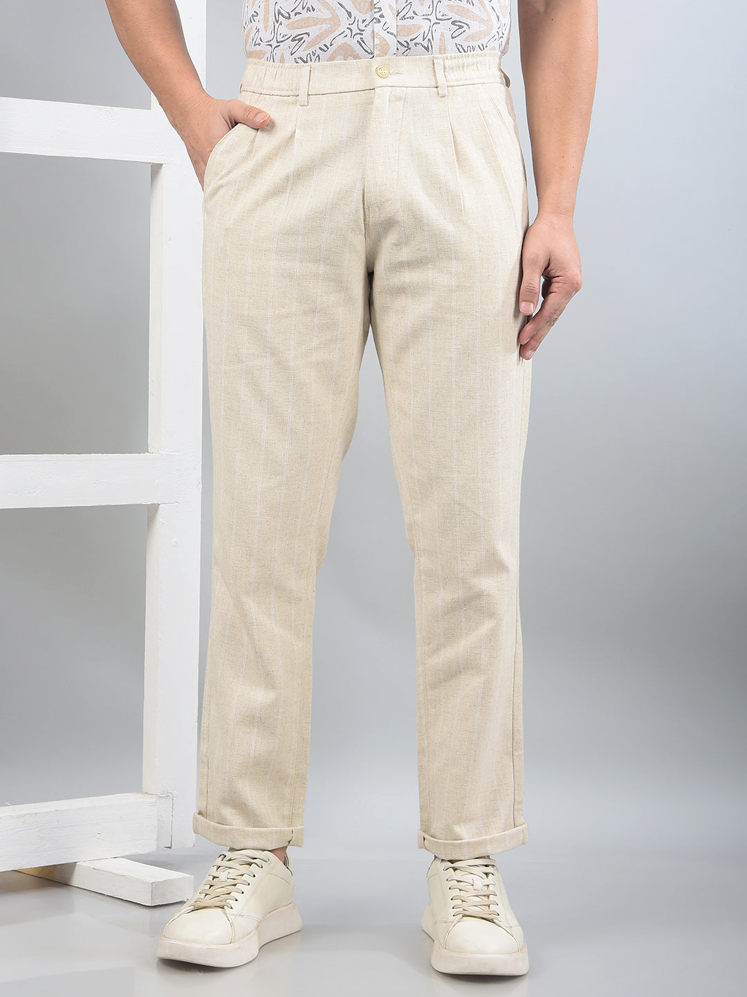 Cream Printed Trousers-Men Trousers-Crimsoune Club