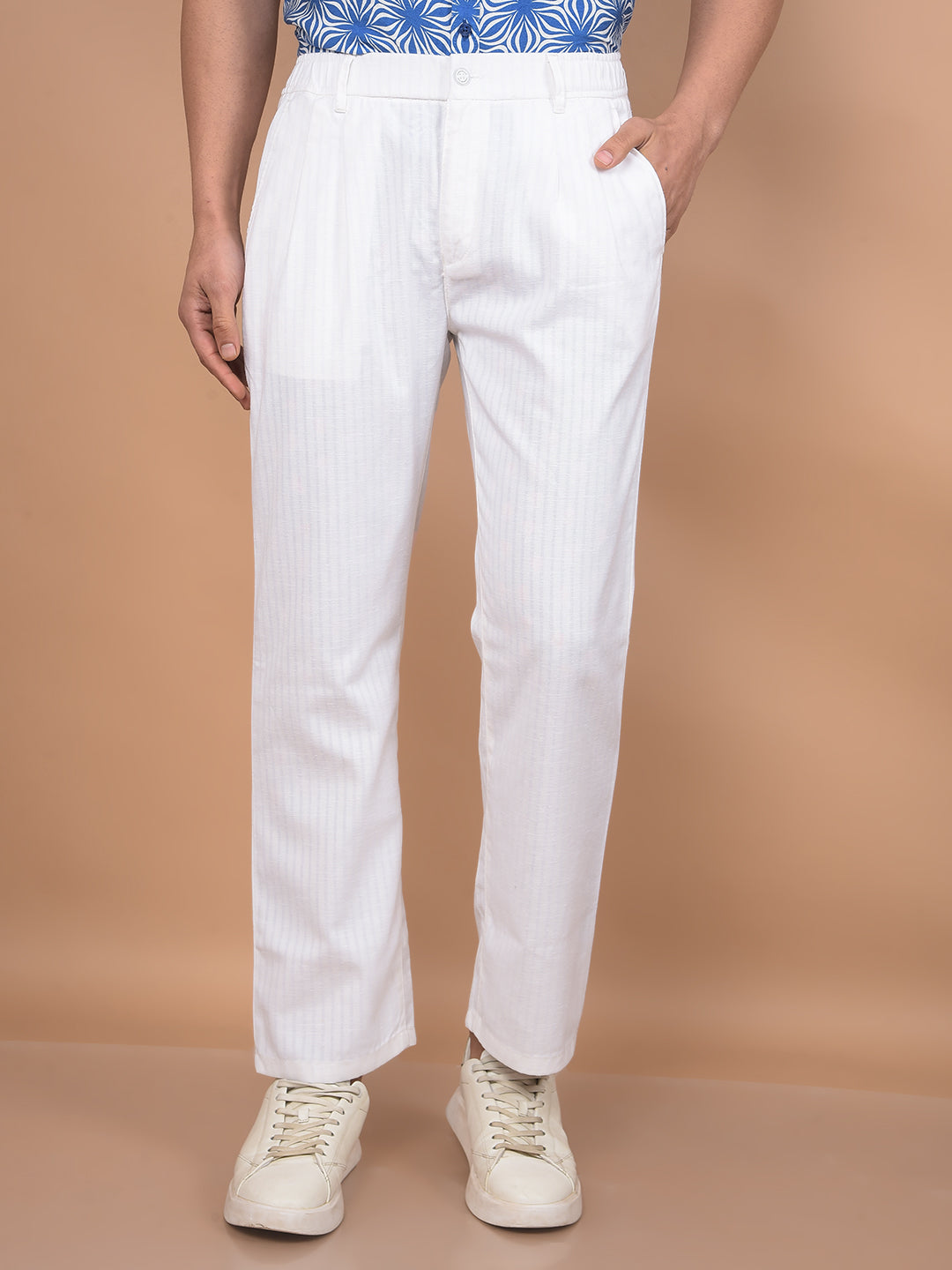 White Vertical Stripes 100% Cotton Relaxed Trousers-Men Trousers-Crimsoune Club