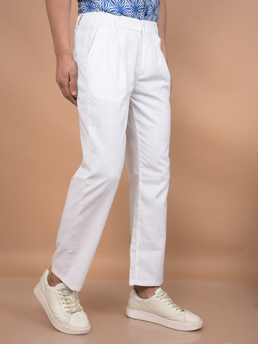 White Vertical Stripes 100% Cotton Relaxed Trousers-Men Trousers-Crimsoune Club