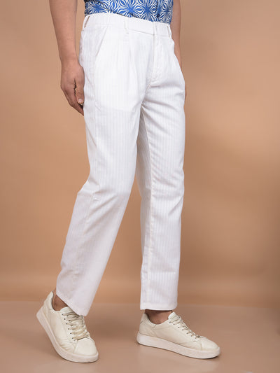 White Vertical Stripes 100% Cotton Relaxed Trousers-Men Trousers-Crimsoune Club