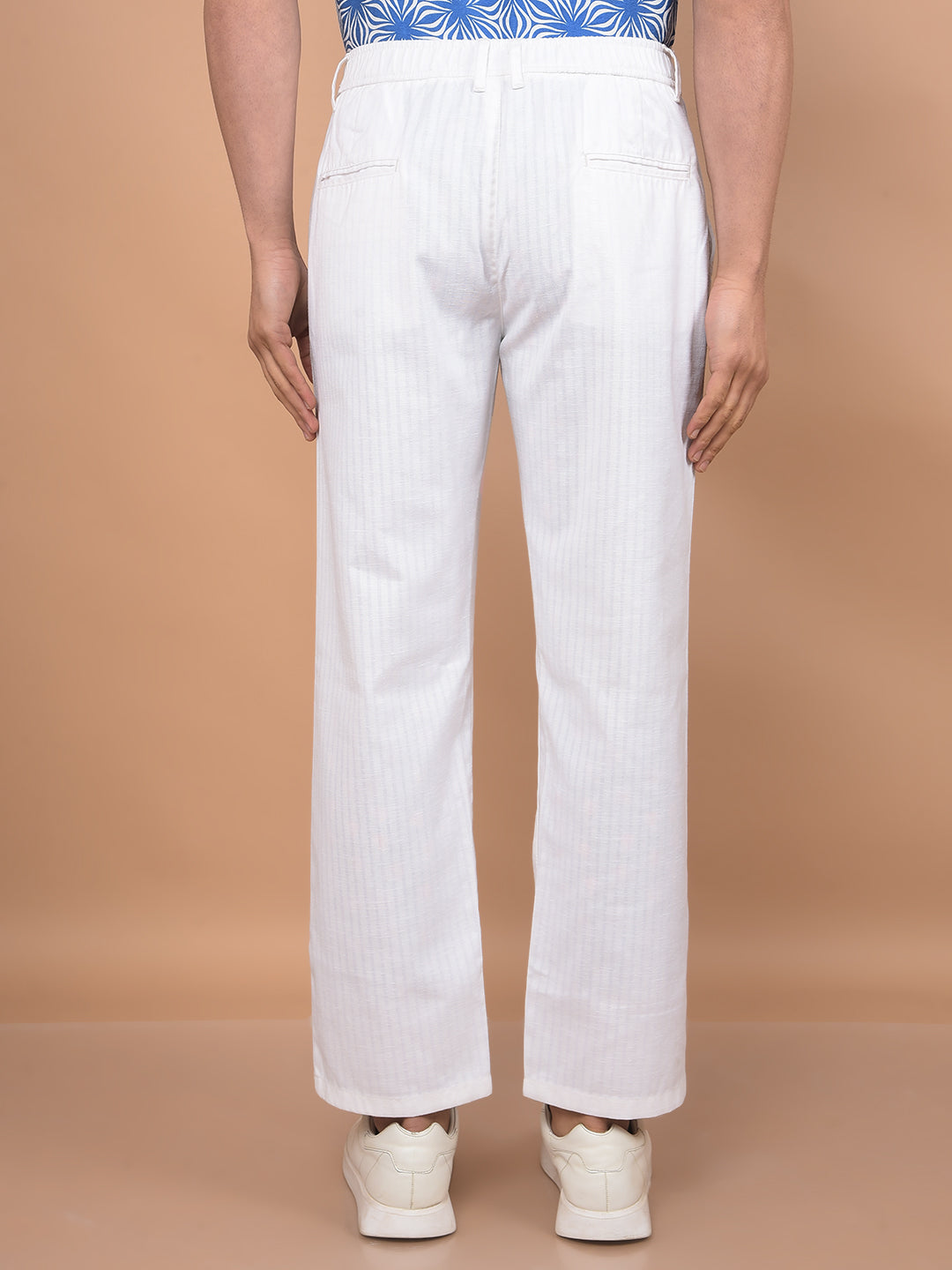 White Vertical Stripes 100% Cotton Relaxed Trousers-Men Trousers-Crimsoune Club