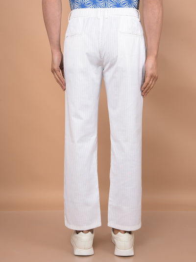 White Vertical Stripes 100% Cotton Relaxed Trousers-Men Trousers-Crimsoune Club