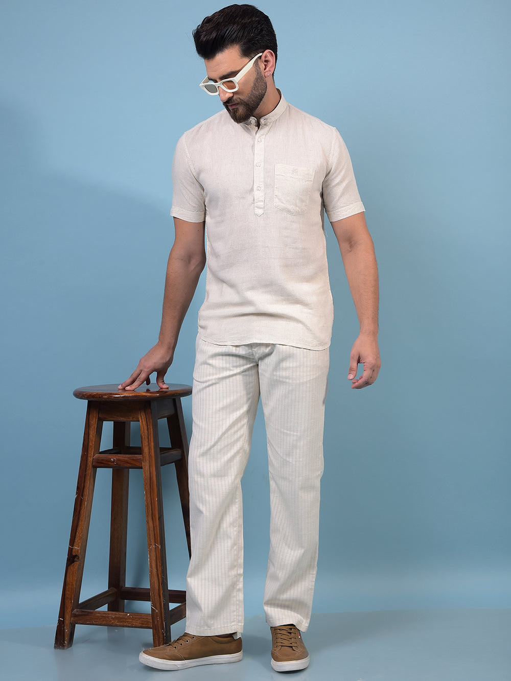 Men's Off White Vertical Stripes 100% Cotton Trousers-Men Trousers-Crimsoune Club
