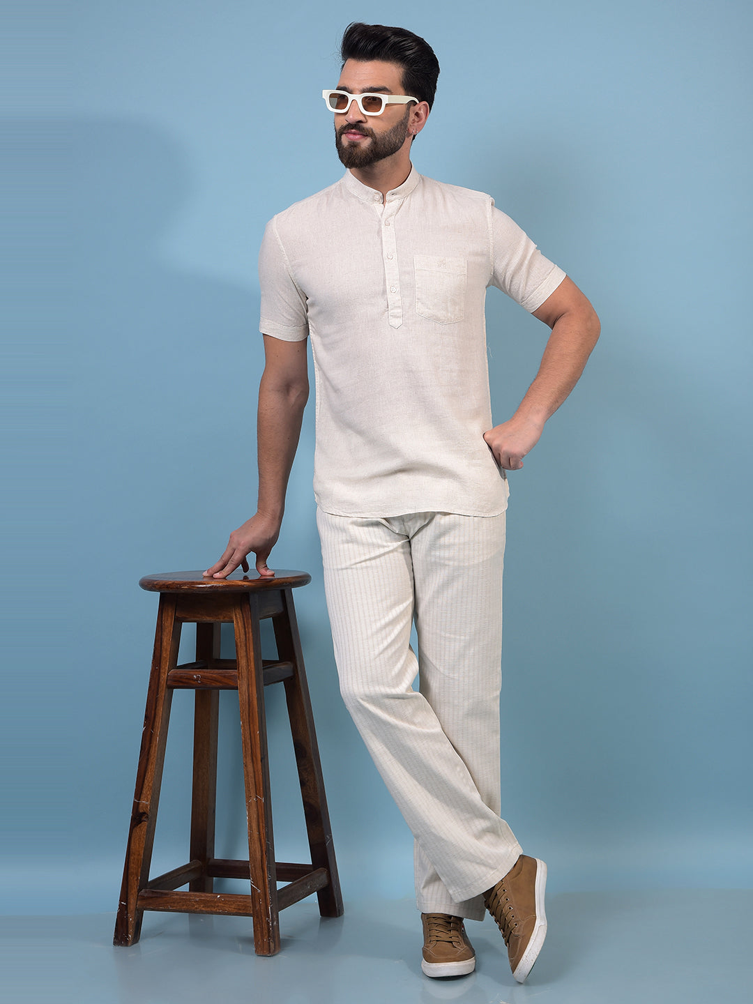 Men's Off White Vertical Stripes 100% Cotton Trousers-Men Trousers-Crimsoune Club