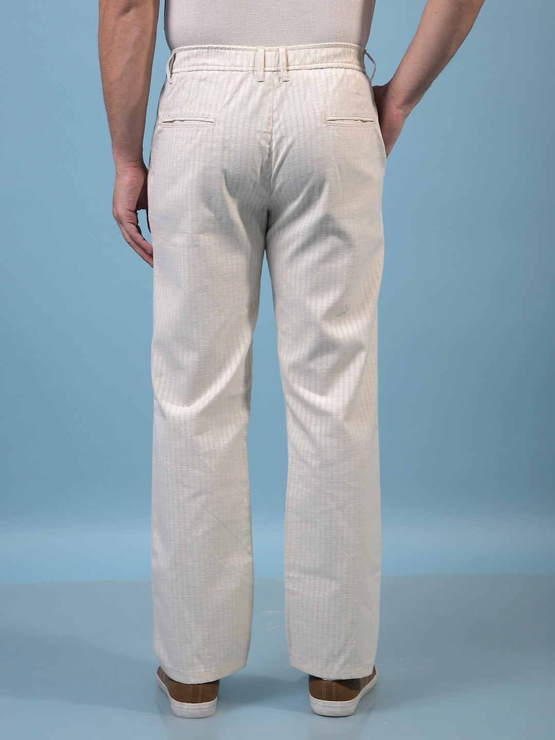 Men's Off White Vertical Stripes 100% Cotton Trousers-Men Trousers-Crimsoune Club