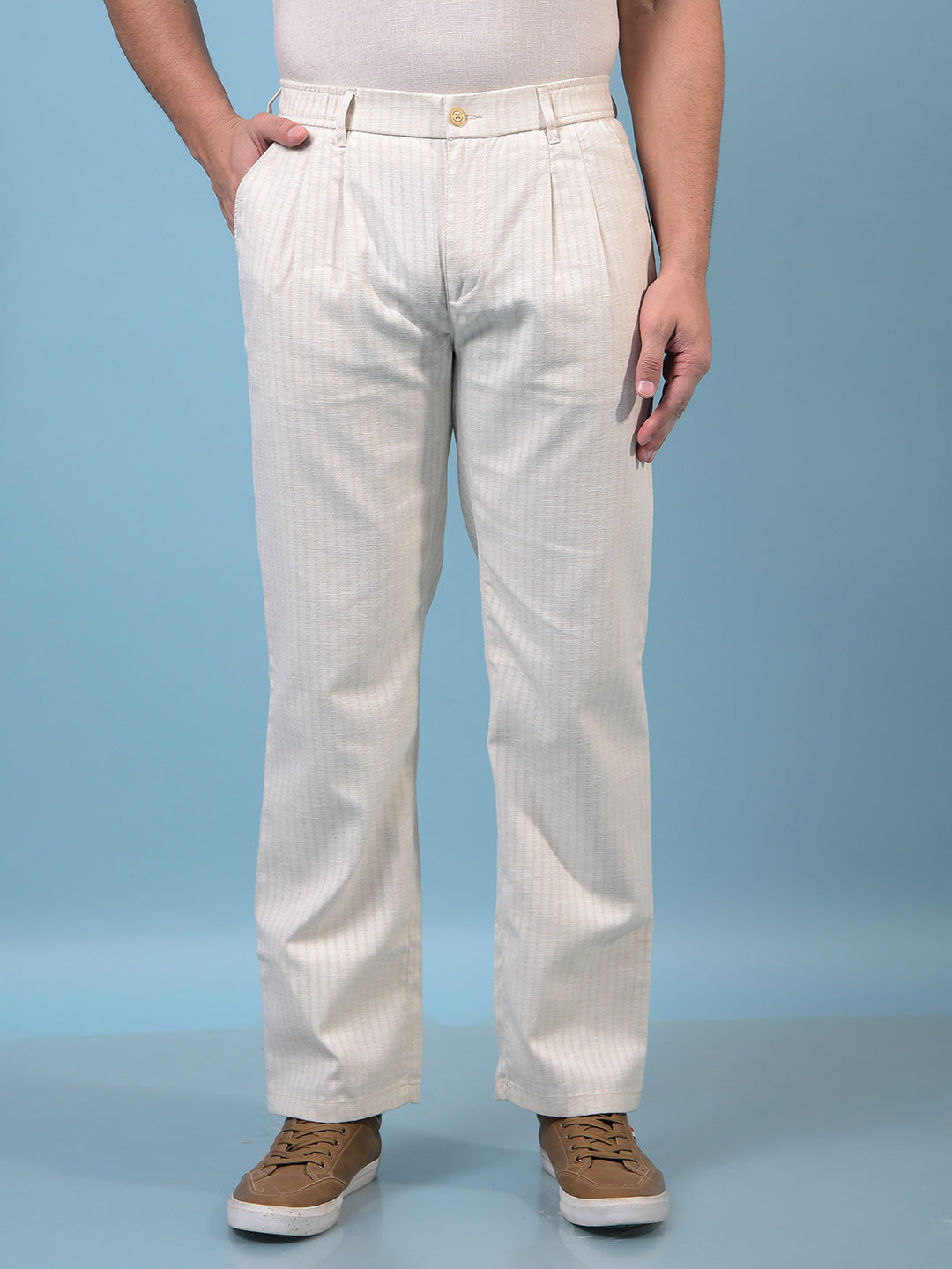 Men's Off White Vertical Stripes 100% Cotton Trousers-Men Trousers-Crimsoune Club