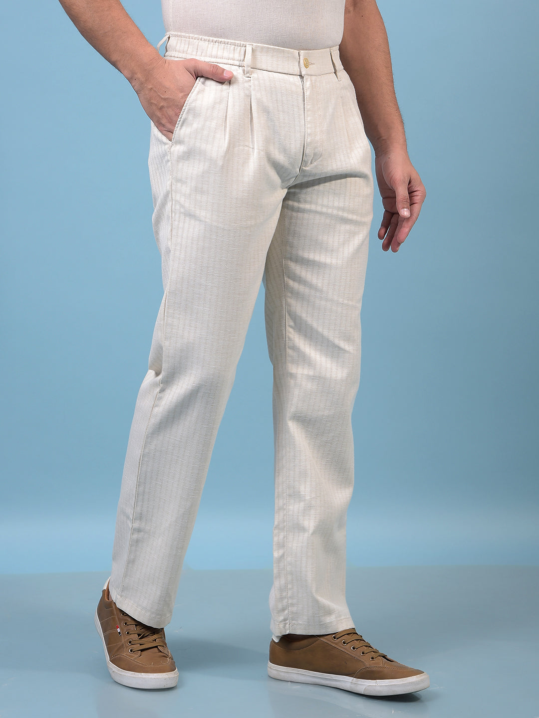 Men's Off White Vertical Stripes 100% Cotton Trousers-Men Trousers-Crimsoune Club
