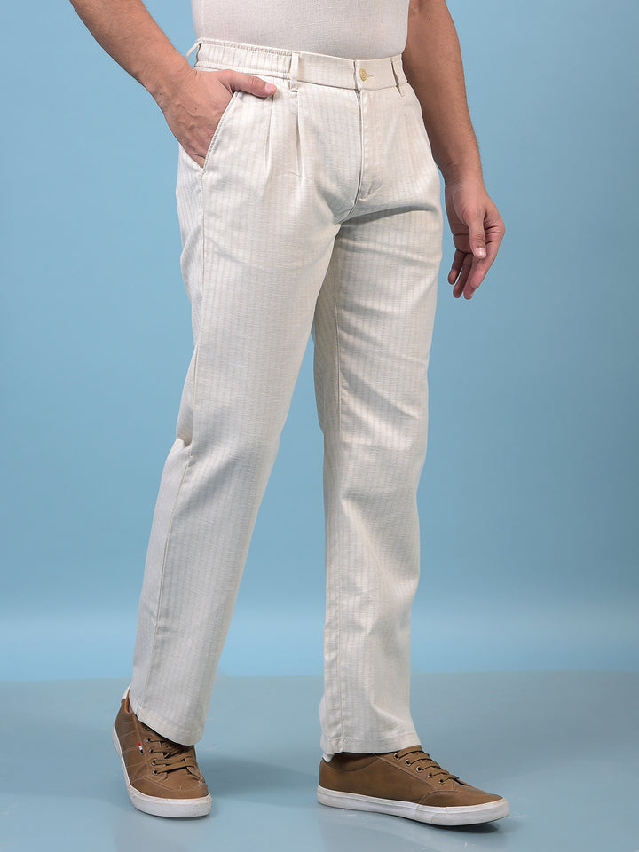 Men's Off White Vertical Stripes 100% Cotton Trousers-Men Trousers-Crimsoune Club