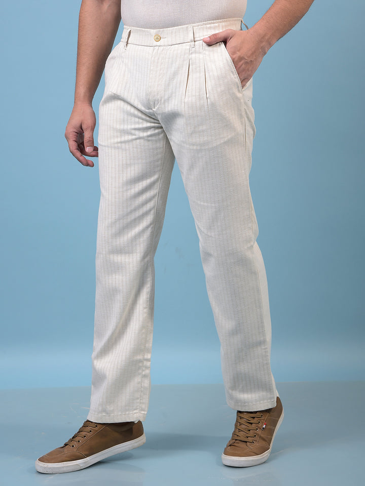 Men's Off White Vertical Stripes 100% Cotton Trousers-Men Trousers-Crimsoune Club