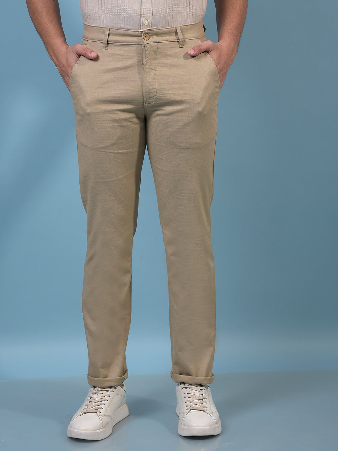 Men's Khaki 100% Cotton Straight Trousers-Men Trousers-Crimsoune Club