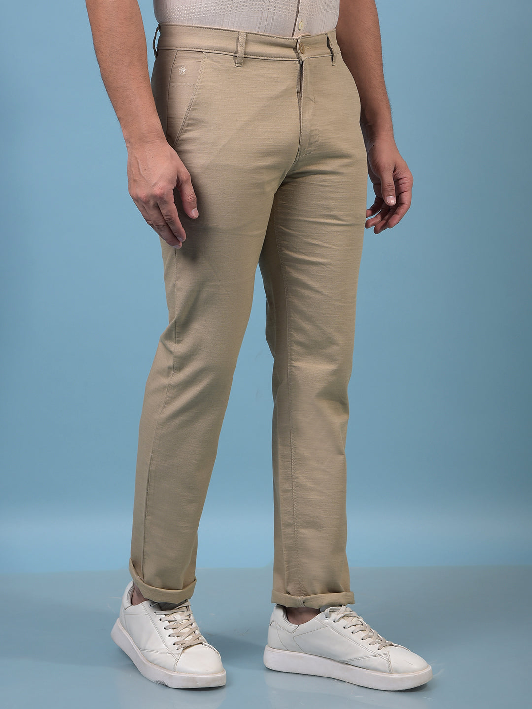 Men's Khaki 100% Cotton Straight Trousers-Men Trousers-Crimsoune Club