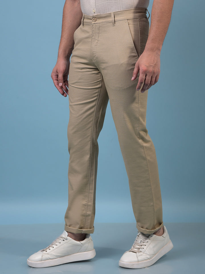 Men's Khaki 100% Cotton Straight Trousers-Men Trousers-Crimsoune Club