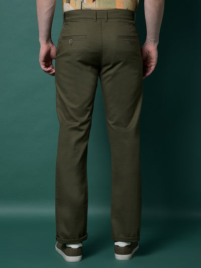 Olive 100% Cotton Straight Trousers-Men Trousers-Crimsoune Club