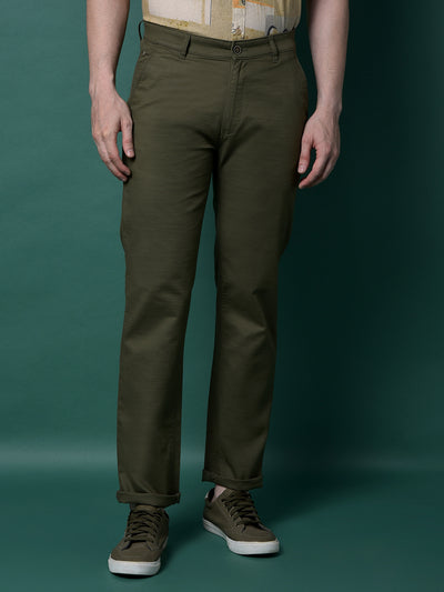 Olive 100% Cotton Straight Trousers-Men Trousers-Crimsoune Club