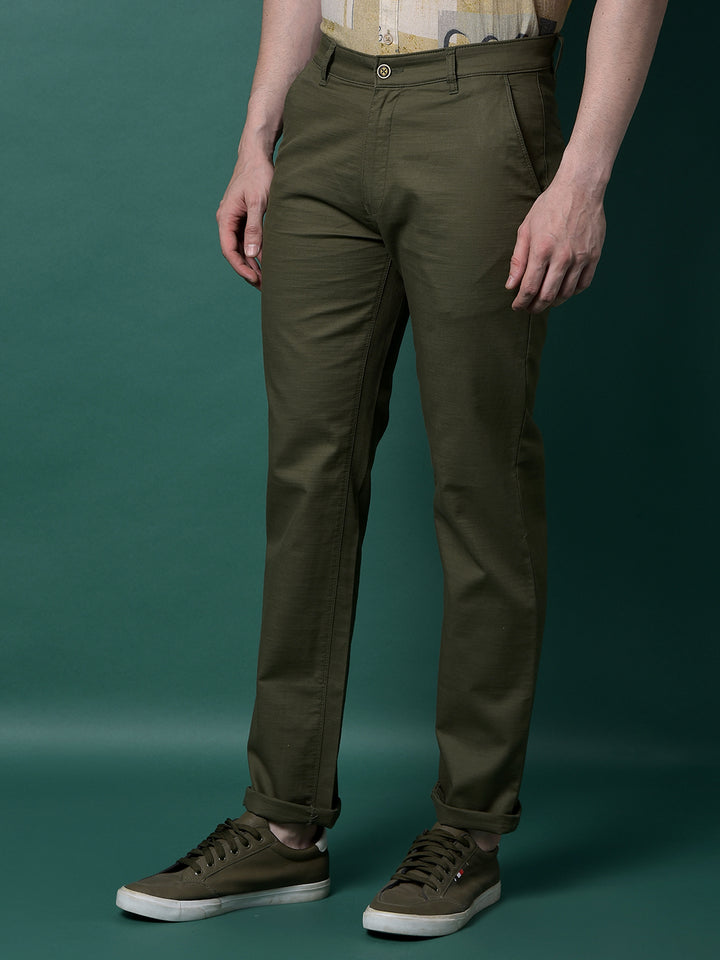Olive 100% Cotton Straight Trousers-Men Trousers-Crimsoune Club