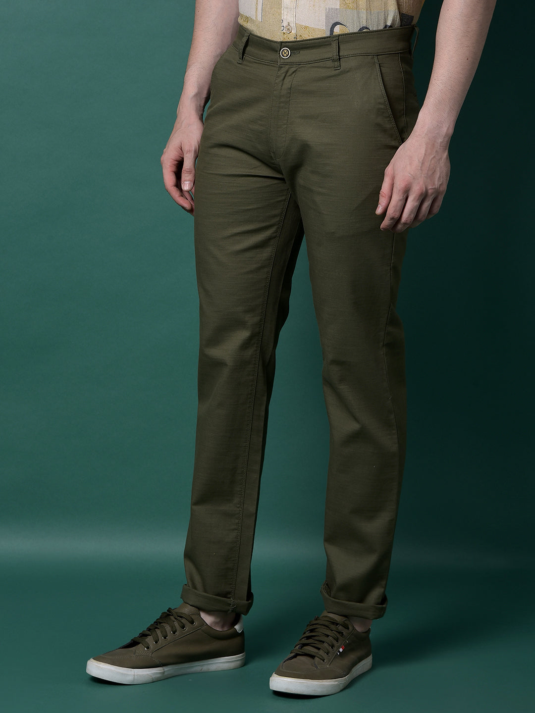 Olive 100% Cotton Straight Trousers-Men Trousers-Crimsoune Club