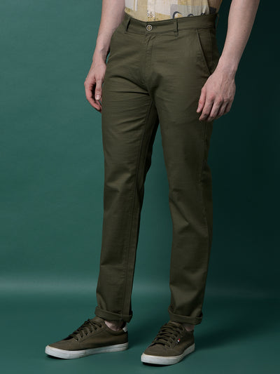 Olive 100% Cotton Straight Trousers-Men Trousers-Crimsoune Club