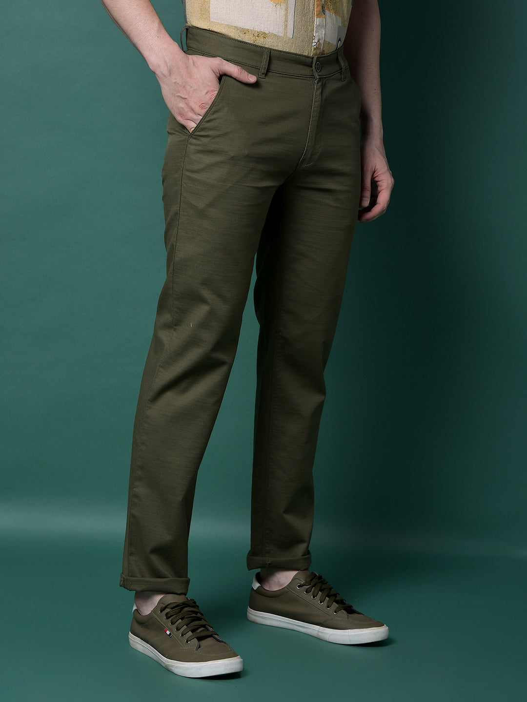 Olive 100% Cotton Straight Trousers-Men Trousers-Crimsoune Club