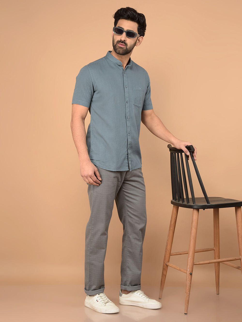 Grey Printed Straight Trousers-Men Trousers-Crimsoune Club