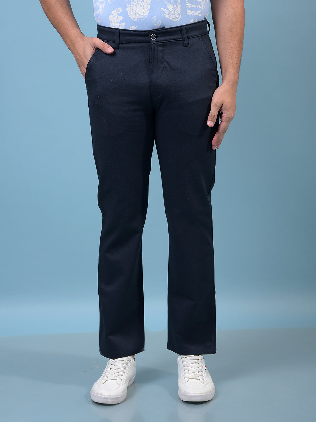 Men's Navy Blue Printed Straight Trousers-Men Trousers-Crimsoune Club