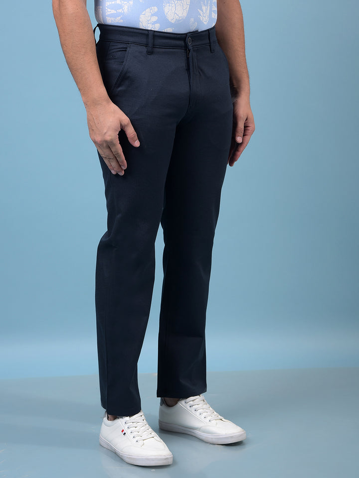 Men's Navy Blue Printed Straight Trousers-Men Trousers-Crimsoune Club