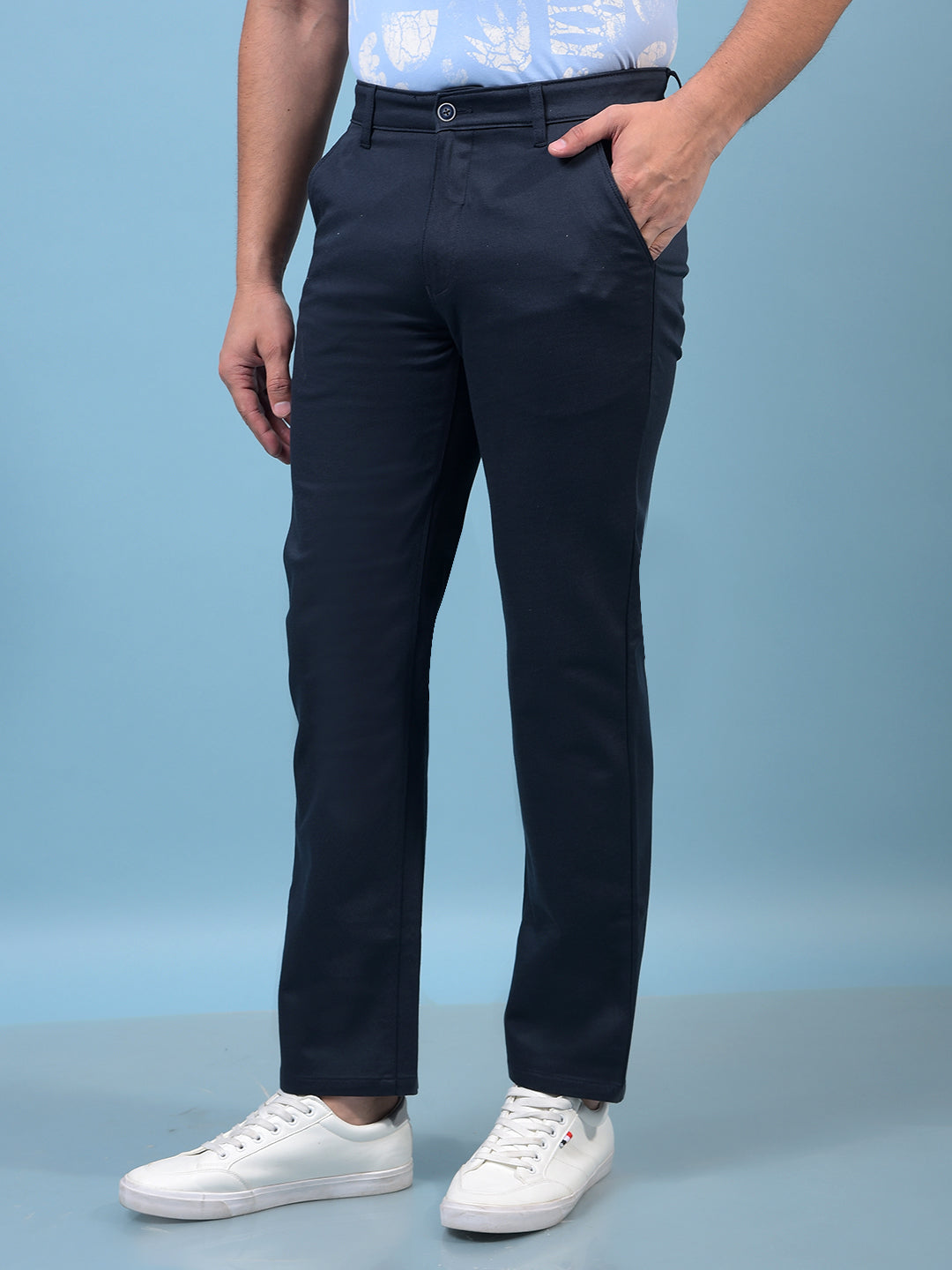 Men's Navy Blue Printed Straight Trousers-Men Trousers-Crimsoune Club