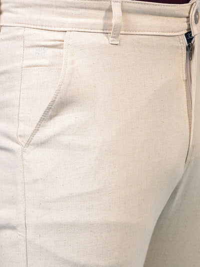 Men's Cream Straight Linen Trousers-Men Trousers-Crimsoune Club