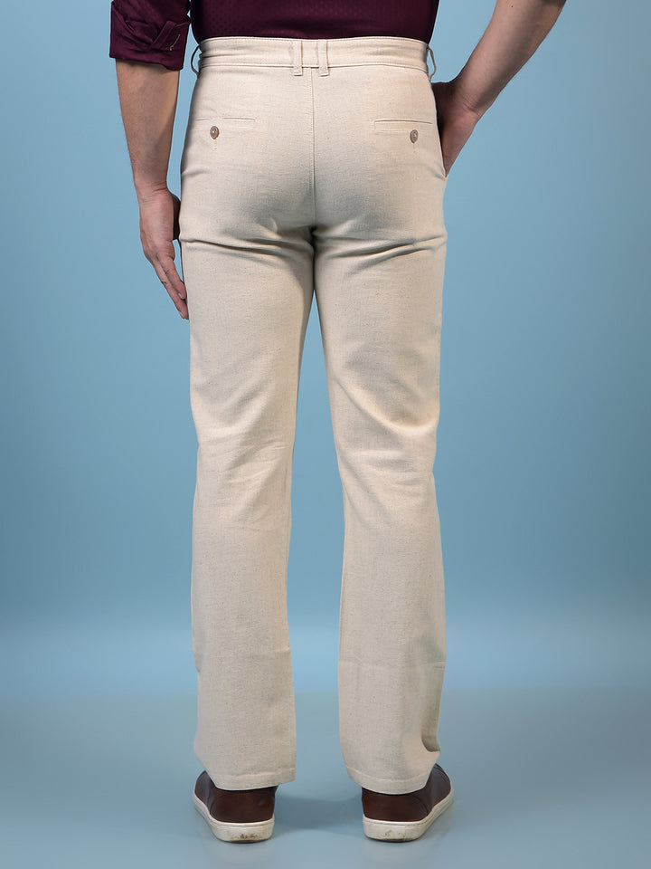 Men's Cream Straight Linen Trousers-Men Trousers-Crimsoune Club