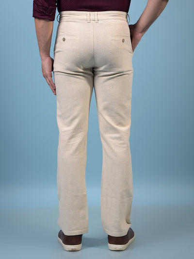 Men's Cream Straight Linen Trousers-Men Trousers-Crimsoune Club