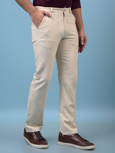 Men's Cream Straight Linen Trousers-Men Trousers-Crimsoune Club