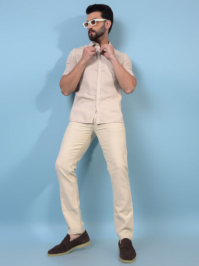 Men's Cream Textured Linen Trousers-Men Trousers-Crimsoune Club