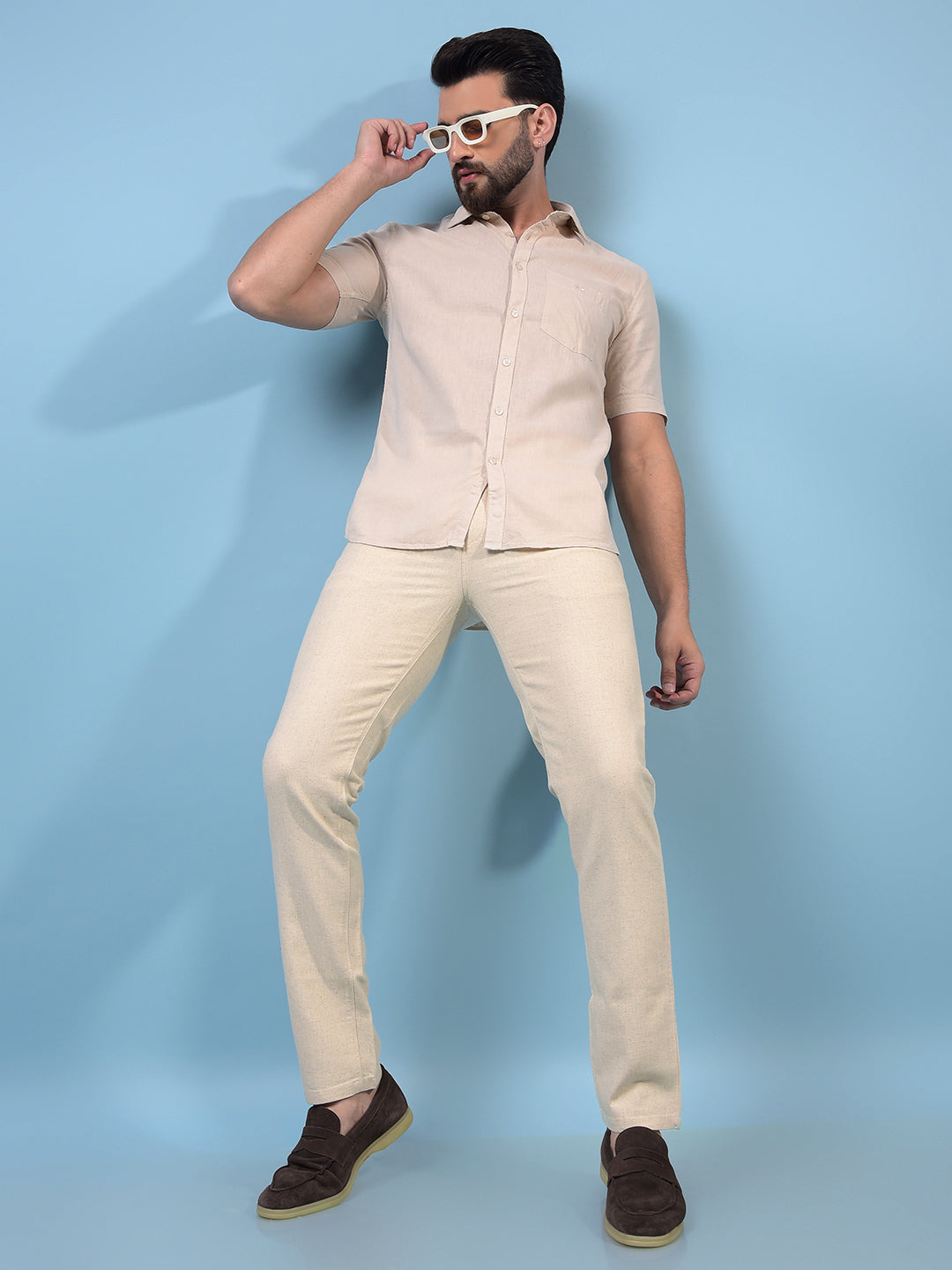 Men's Cream Textured Linen Trousers-Men Trousers-Crimsoune Club