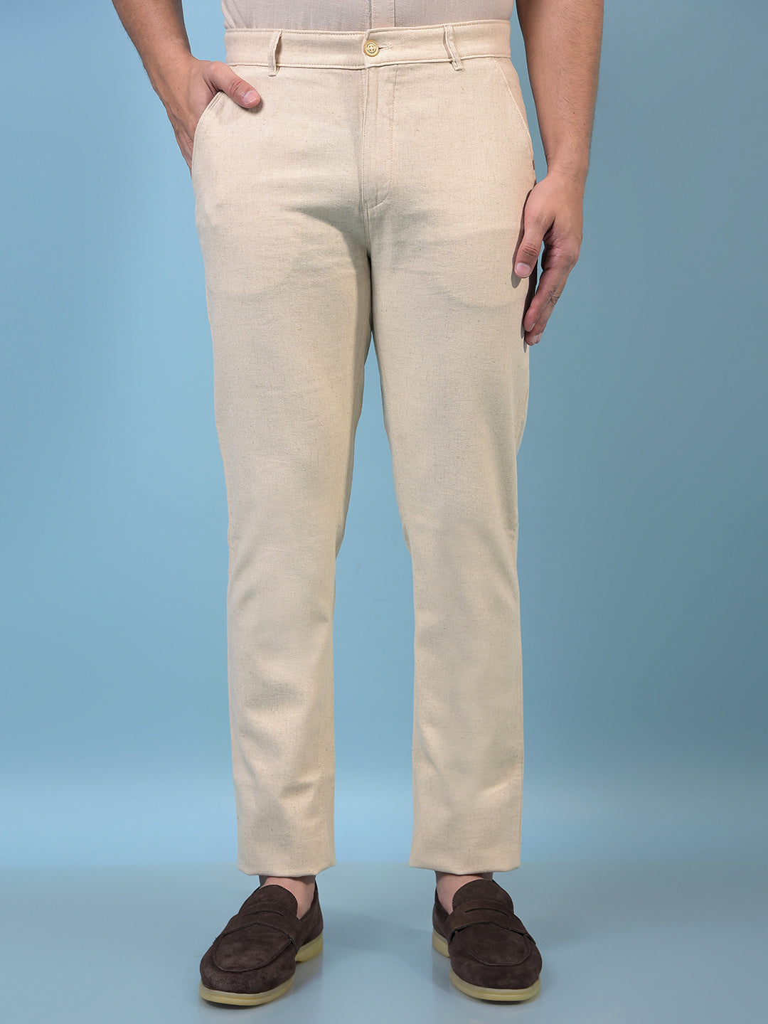 Men's Cream Textured Linen Trousers-Men Trousers-Crimsoune Club