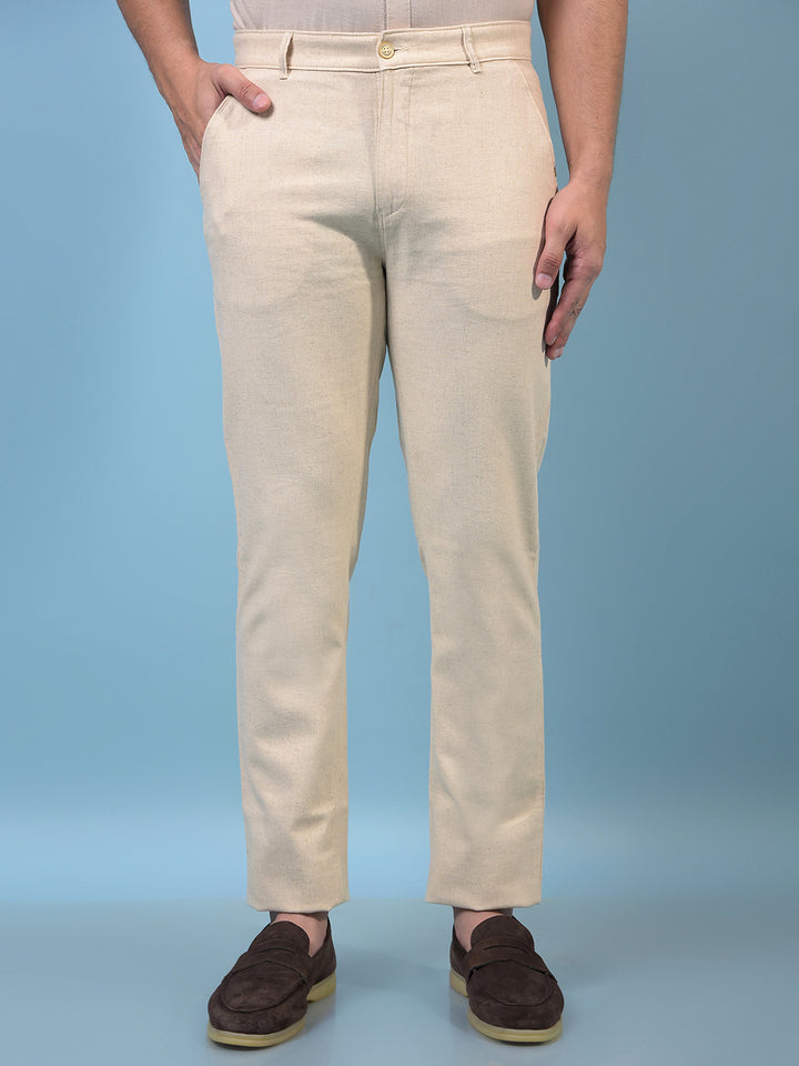 Men's Cream Textured Linen Trousers-Men Trousers-Crimsoune Club
