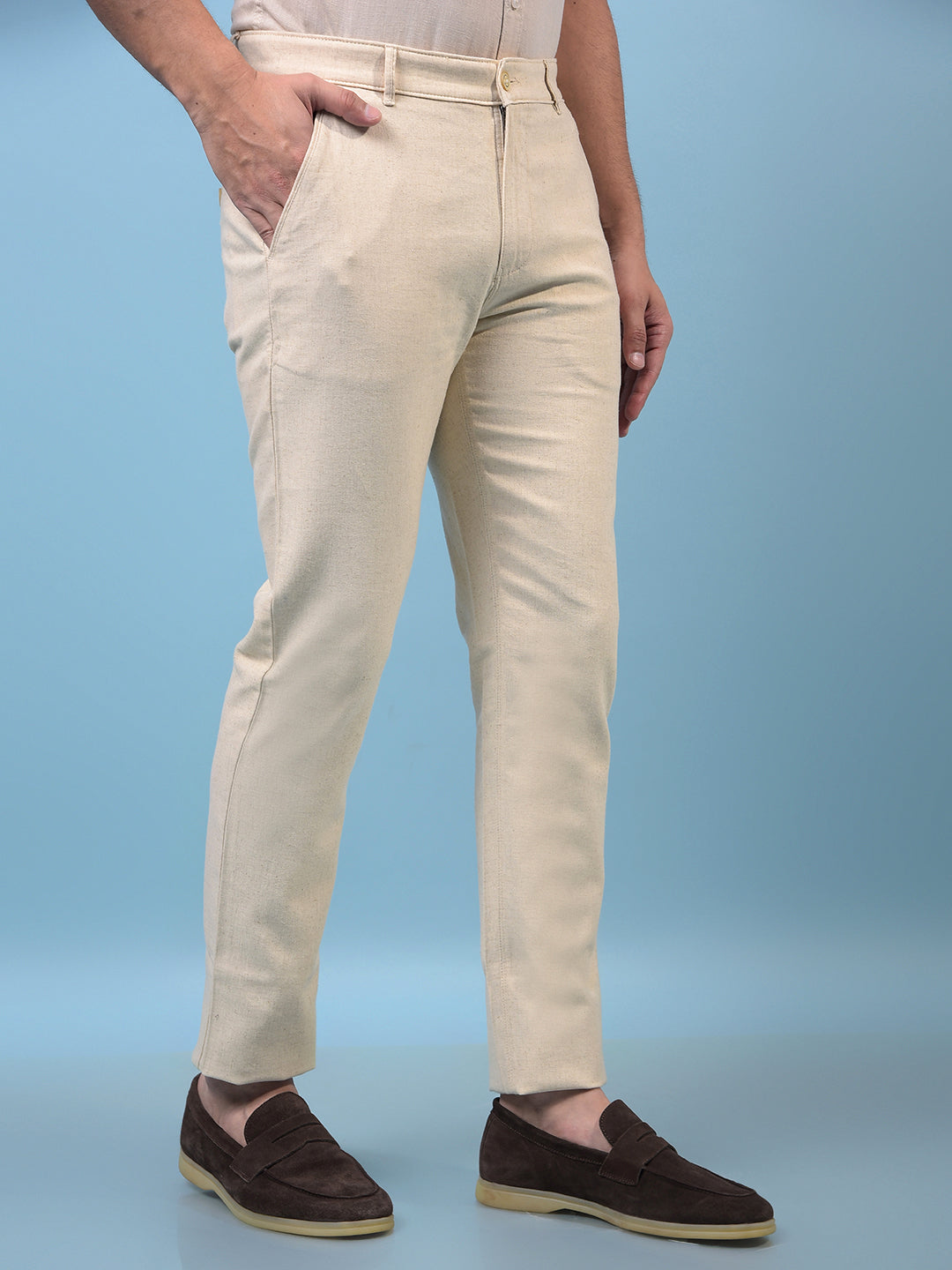 Men's Cream Textured Linen Trousers-Men Trousers-Crimsoune Club