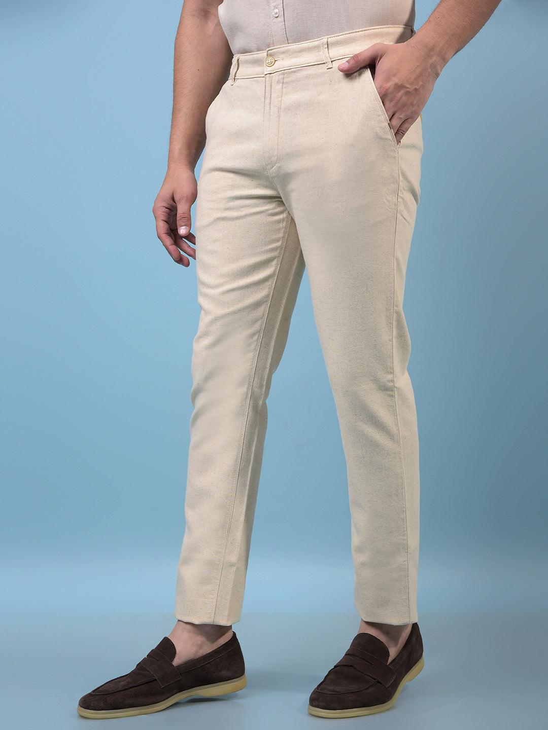 Men's Cream Textured Linen Trousers-Men Trousers-Crimsoune Club